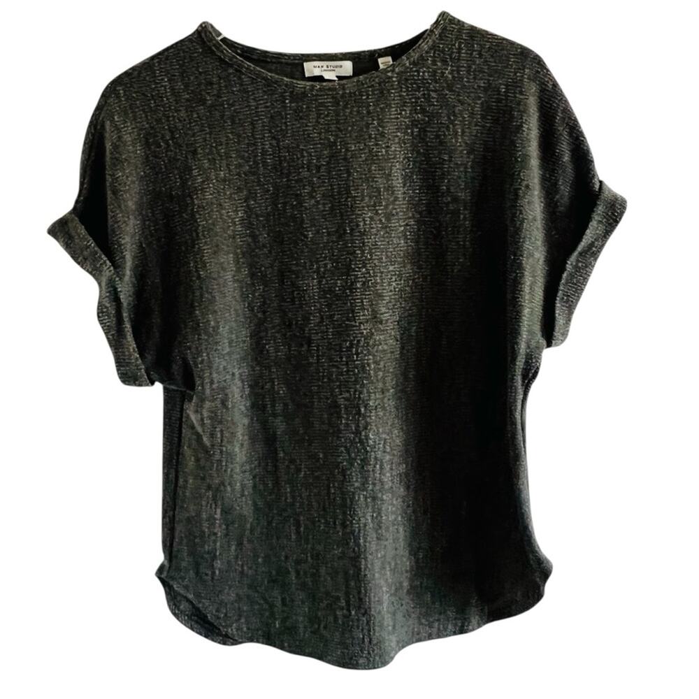 Max Studio London Short Sleeve Textured Knit Top Medium Gray Green Marl